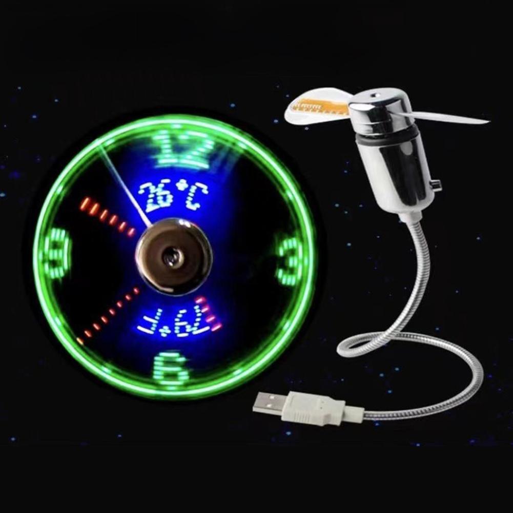 Portable Clock Fan RGB LED Night light 5V USB Hand Fan Real Time Temperature Display Metal Mini Fan for PC Laptop Desktop Cooler
