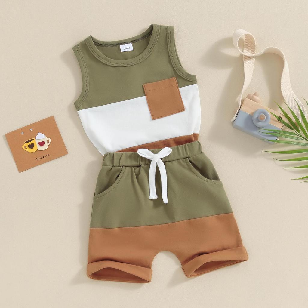 2Pcs Baby Boy Summer Outfits 6M 12M 18M 24M Sleeveless Contrast Color Pocket Tank Tops + Shorts Set Toddler Clothes