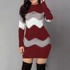 Women Autumn O Neck Long Sleeve Color Block Bodycon Warm Mini Sweater Dress