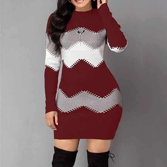 Women Autumn O Neck Long Sleeve Color Block Bodycon Warm Mini Sweater Dress