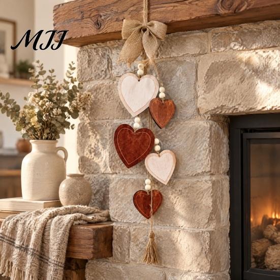 Rustic Wall Decor for Home Wooden Heart Hanging Ornament, Door Hanger with Bow, Pastoral Wood Craft Ornament Tassel, Farmhouse Window Decoration
