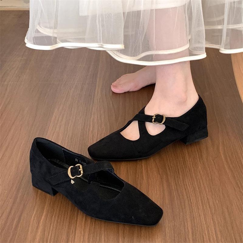 Fashion Brand Design Women Suede Leather Loafer Shoes Women's Low Heeled Mary Jane Shoes Woman Fashion Retro Cross Buckle Single Shoes