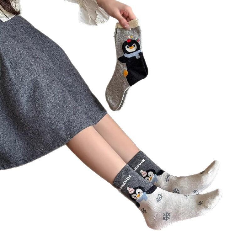 25 Cute Penguin Tube Socks Children Spring Autumn And Winter Cartoon Gray Calf Socks College Style Casual Versatile Stacking Socks