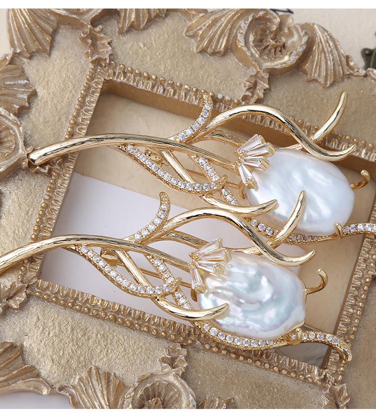 Vintage Floral Baroque Freshwater Pearl Brooch with Gold-Plated Copper and Zircon Accents