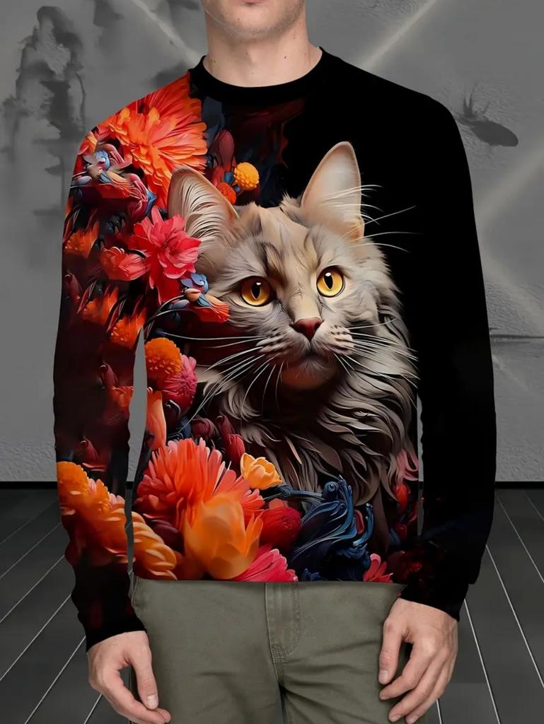 Men's T-Shirts Cute Cat Graphic T Shirts Y2k Casual Loose Long Sleeve Tee Outdoor Autumn O-Neck Tops Comfortable Men's Clothing