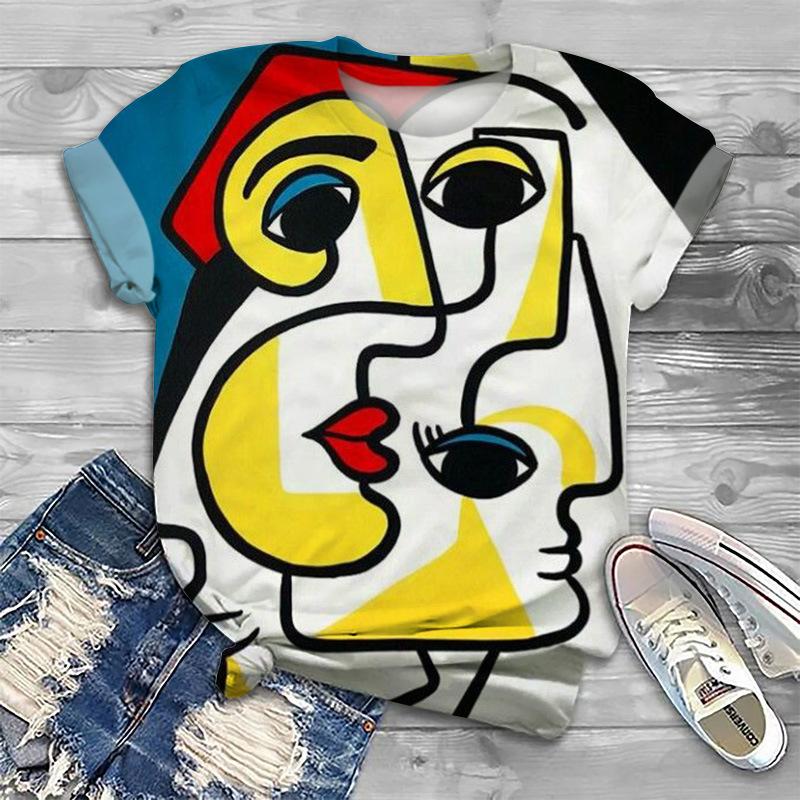 Summer Abstract Face 3D Print T-shirt Women Short Sleeve T Shirts Harajuku Streetwear Tees Oversized Y2k Tops Woman Clothing