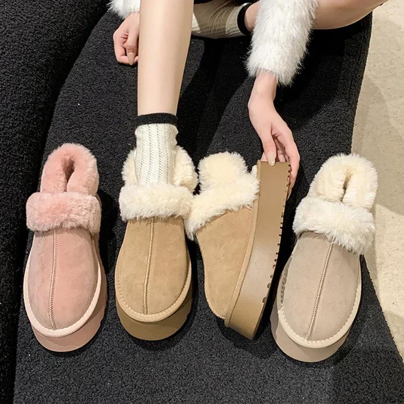 Осень-зима, новые зимние сапоги на толстой подошве, женские плюшевые утолщенные теплые плюшевые туфли, нескользящие, модные, универсальные, хлопковые тапочки