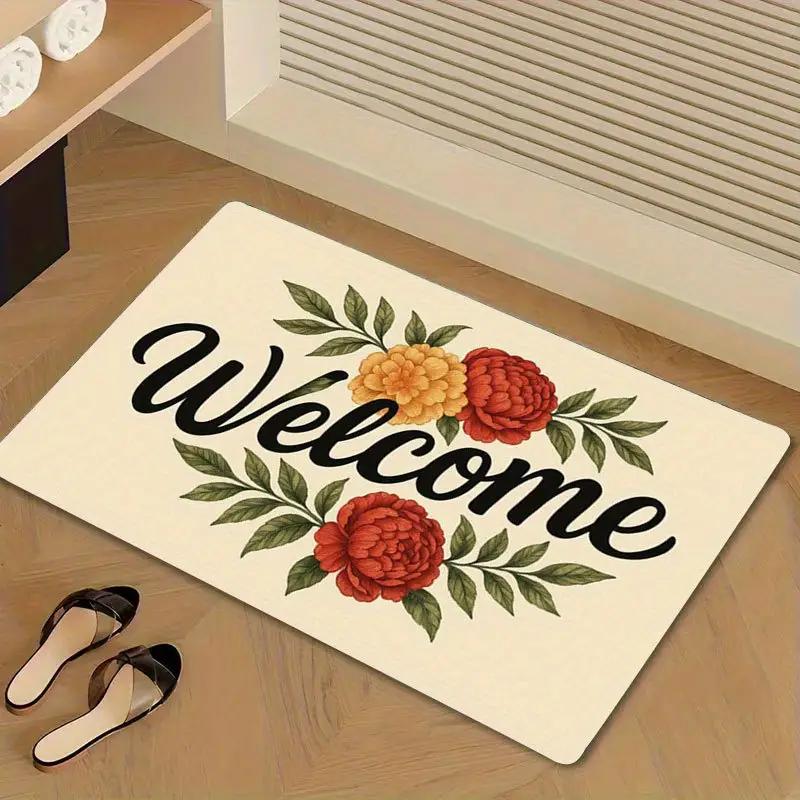 Welcome Floral Home Letter Pattern Door Mat, Non-slip Soft Floor Mat, Decorative Carpet for Home Living Room Bedroom Kitchen