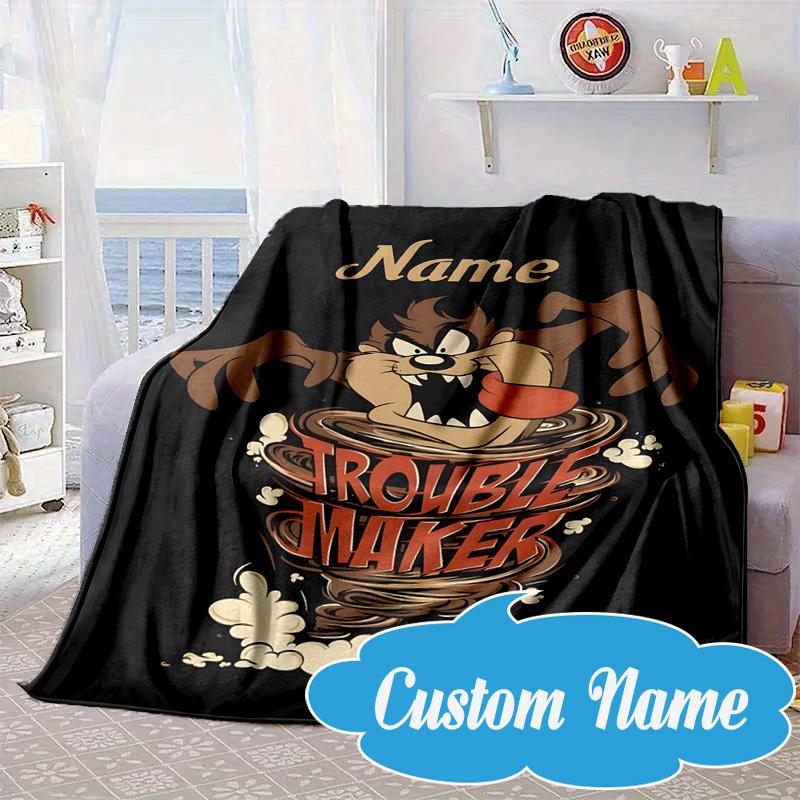Custom Name Troublemaker Taz Devil Blanket bed sofa Blanket Flannel Blanket for Camping, Hiking, Picnic Essentials,gift for Fan family