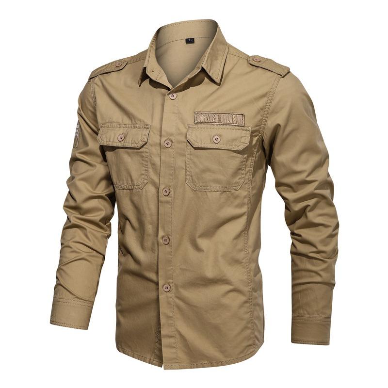 Men S Casual Military Style Long Sleeve Solid Color Shirt