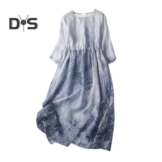 Женское летнее льняное платье больших размеров, повседневное платье-миди с цветочным принтом и круглым вырезом, рукавом 3/4, свободное струящееся пляжное платье-сарафан