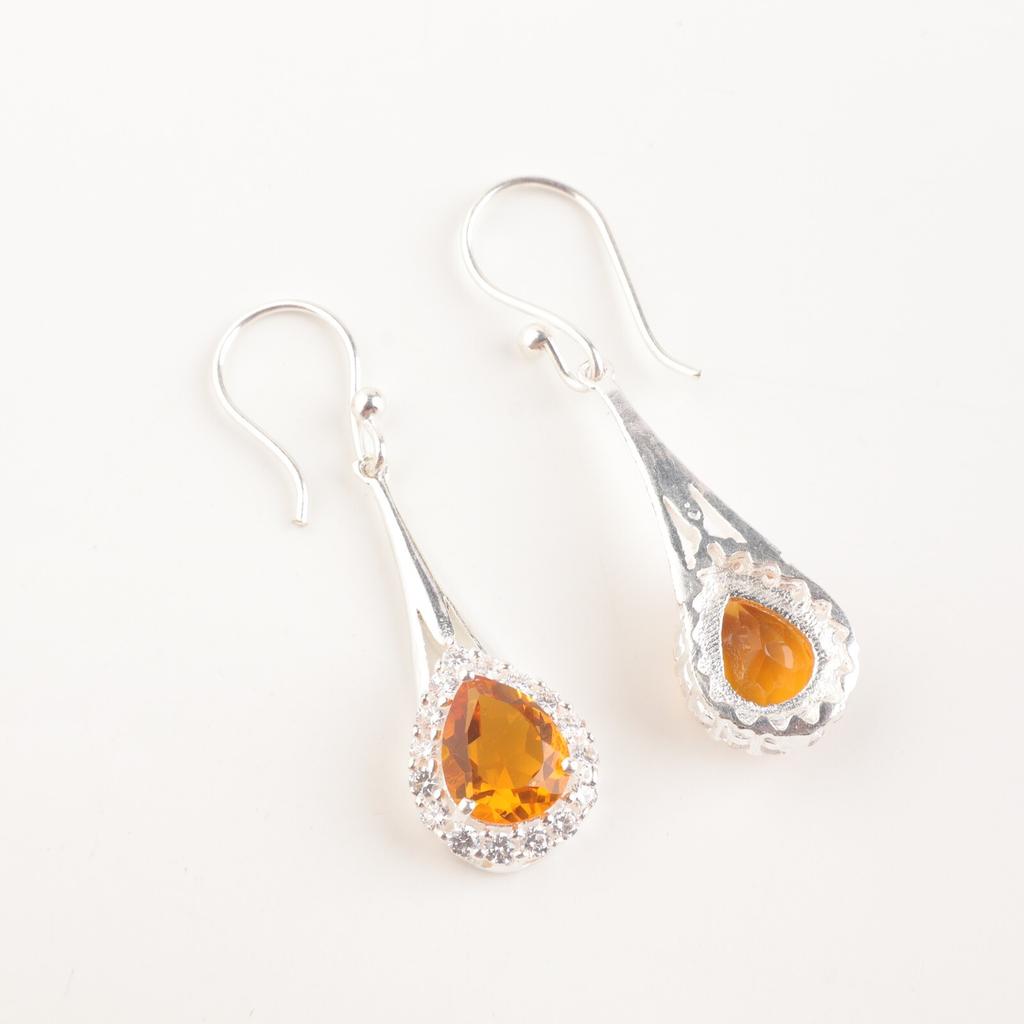 Natural Citrine Gemstone 925 Sterling Silver Zircon Partywear Earrings 1.86" CZE-7-5