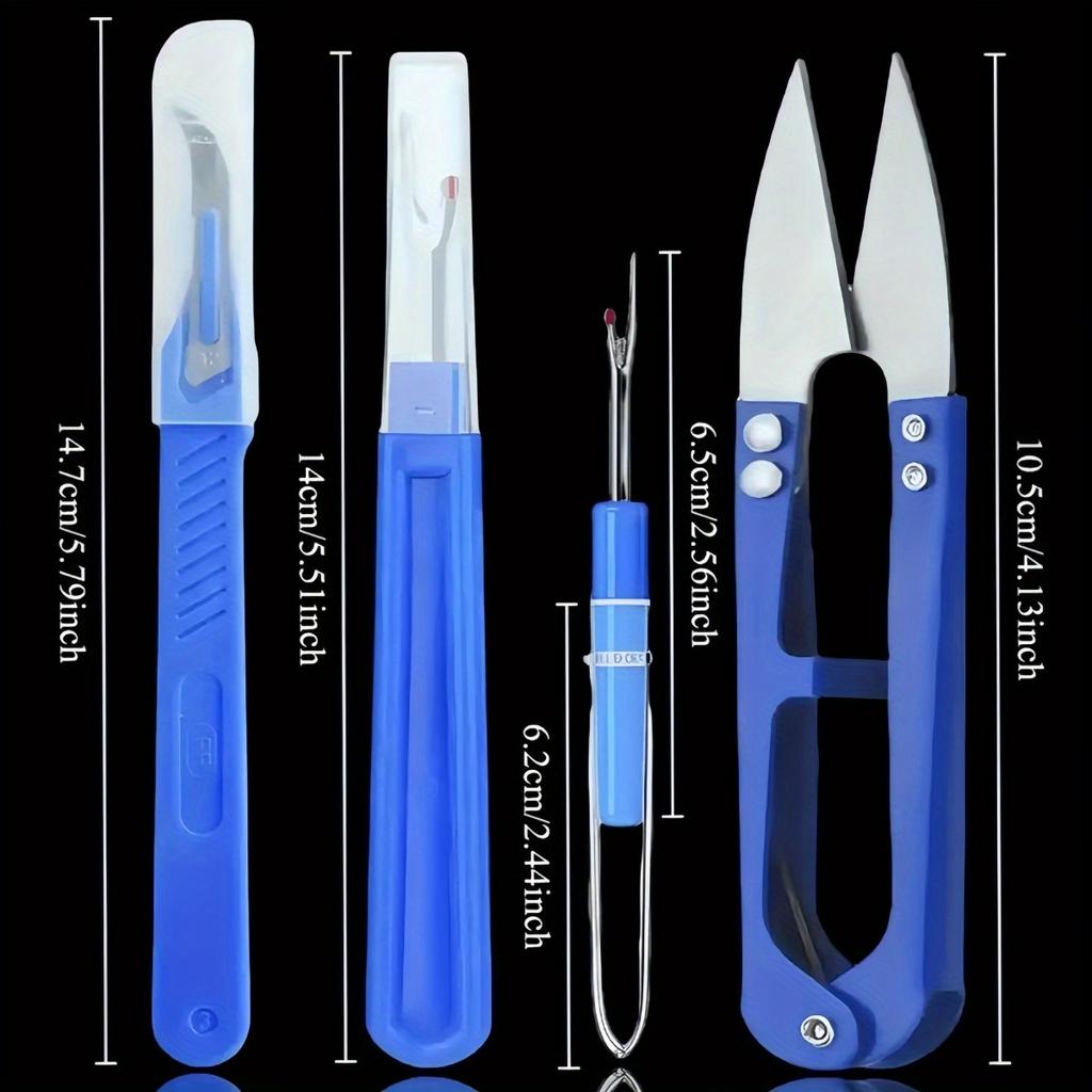 4pcs Blue Sewing Seam Ripper Set with Thread Cutter, Handle Needlework Tool and Scissors - Essential DIY Sewing Craft Tools