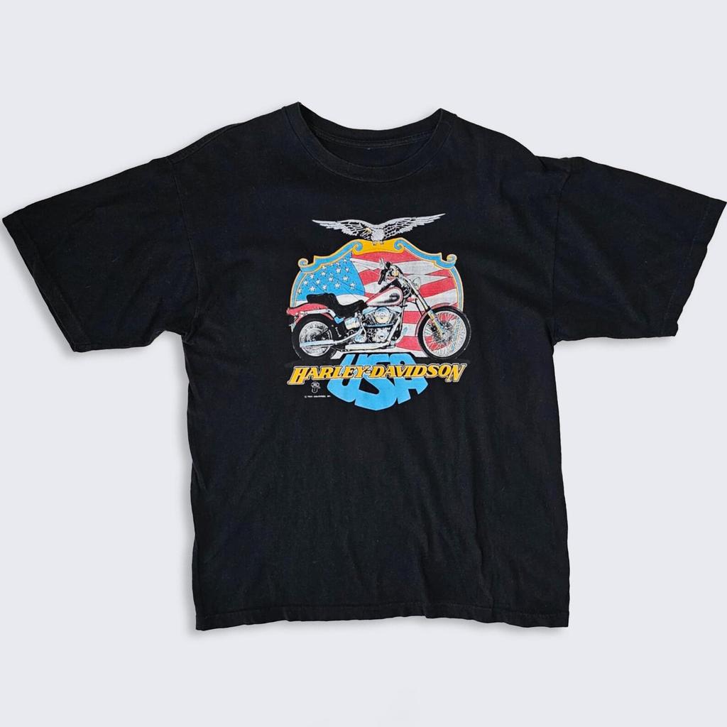 Harley Davidson Vintage 90s USA American Flag Eagle T-Shirt - Black Color Tee - 1990 Holourek - Men's Size : Medium ( M ) - Free Shipping