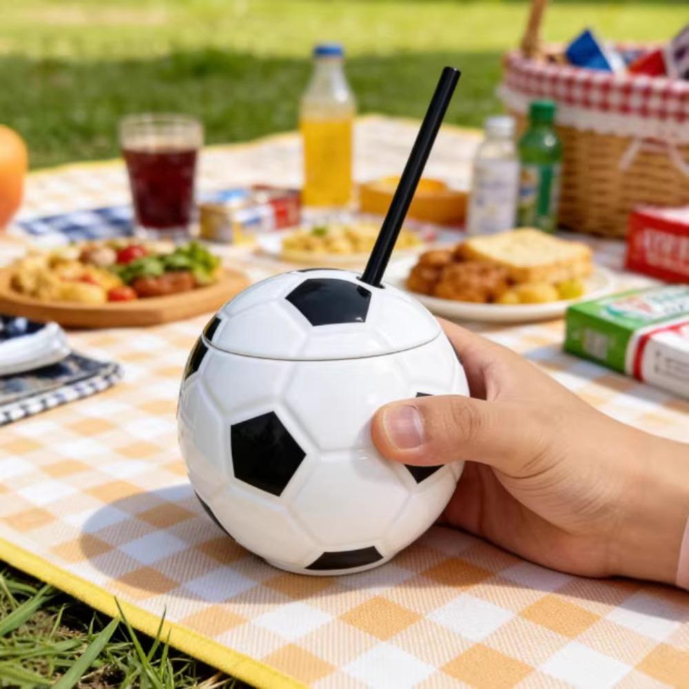 450 ML Football Theme Water Cup with Straw and Lid Ball Shape Straw Cup Beach