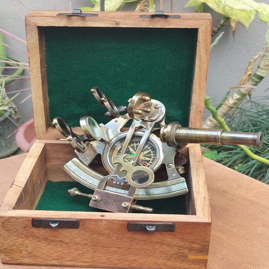 Vintage Brass Sextant Compass with Wooden Box | Antique Nautical Maritime Navigation Instrument | Handcrafted Sailor