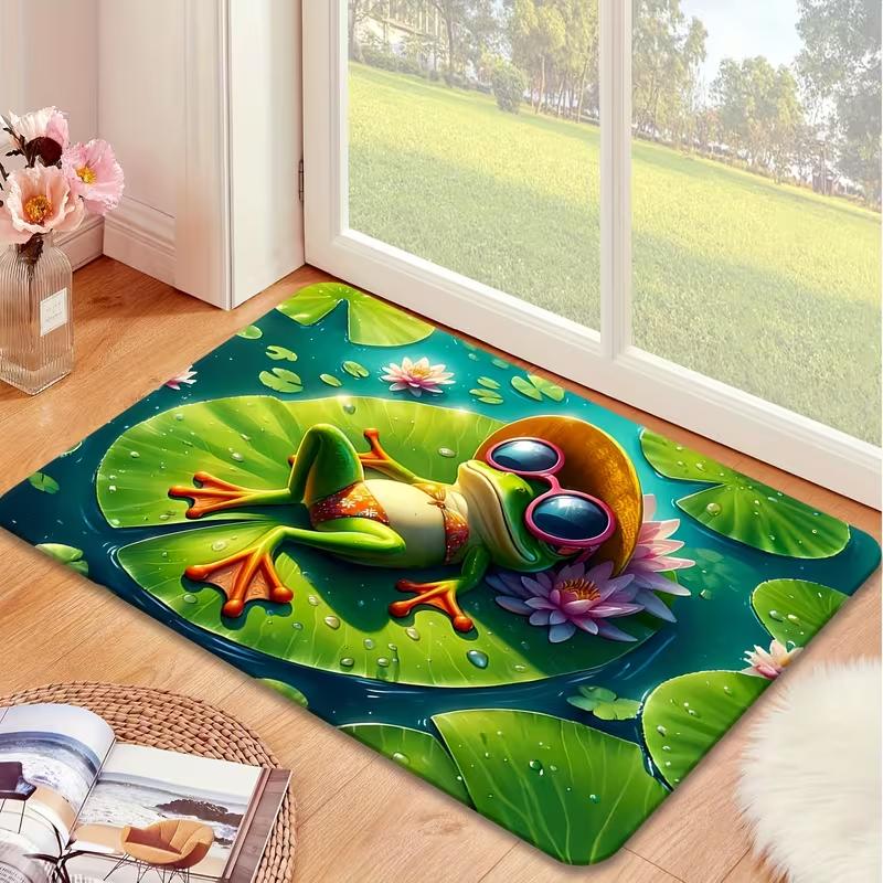 Cute Green Frog Welcome Carpet Front Door Mat Cartoon Animal Dragonfly Pattern Entry Rug for Indoor Outdoor Entrance Home Decor