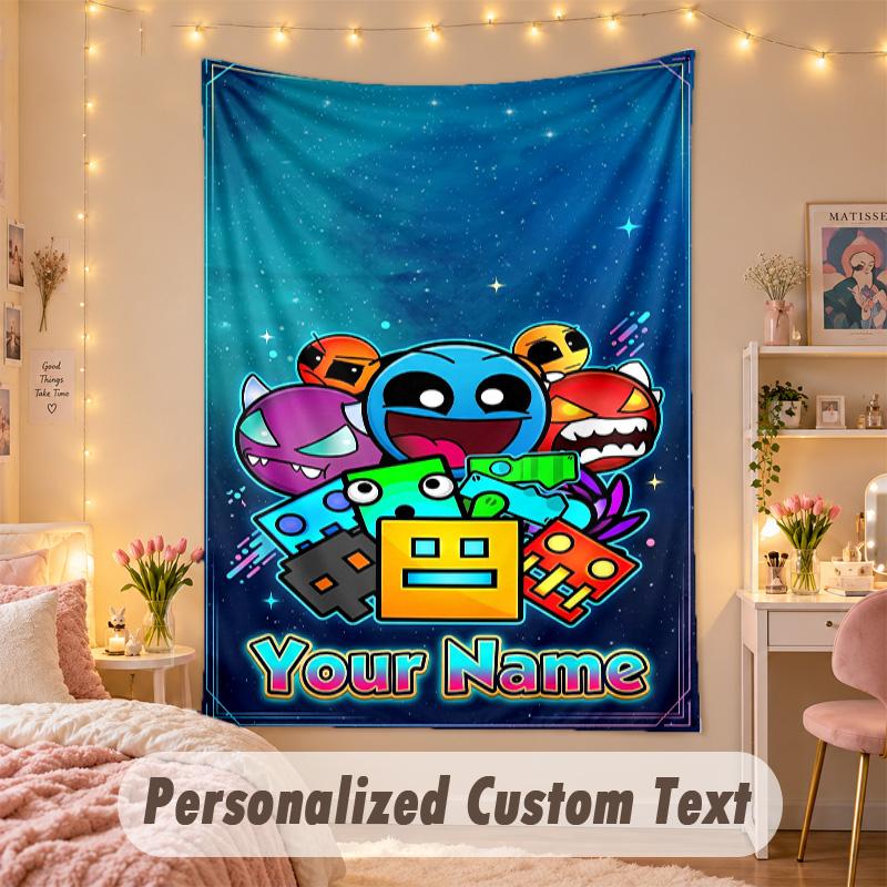 Custom Personalized Tapestry,Geometry Dash Print Custom Name Text Wall Art Hanging for Bedroom