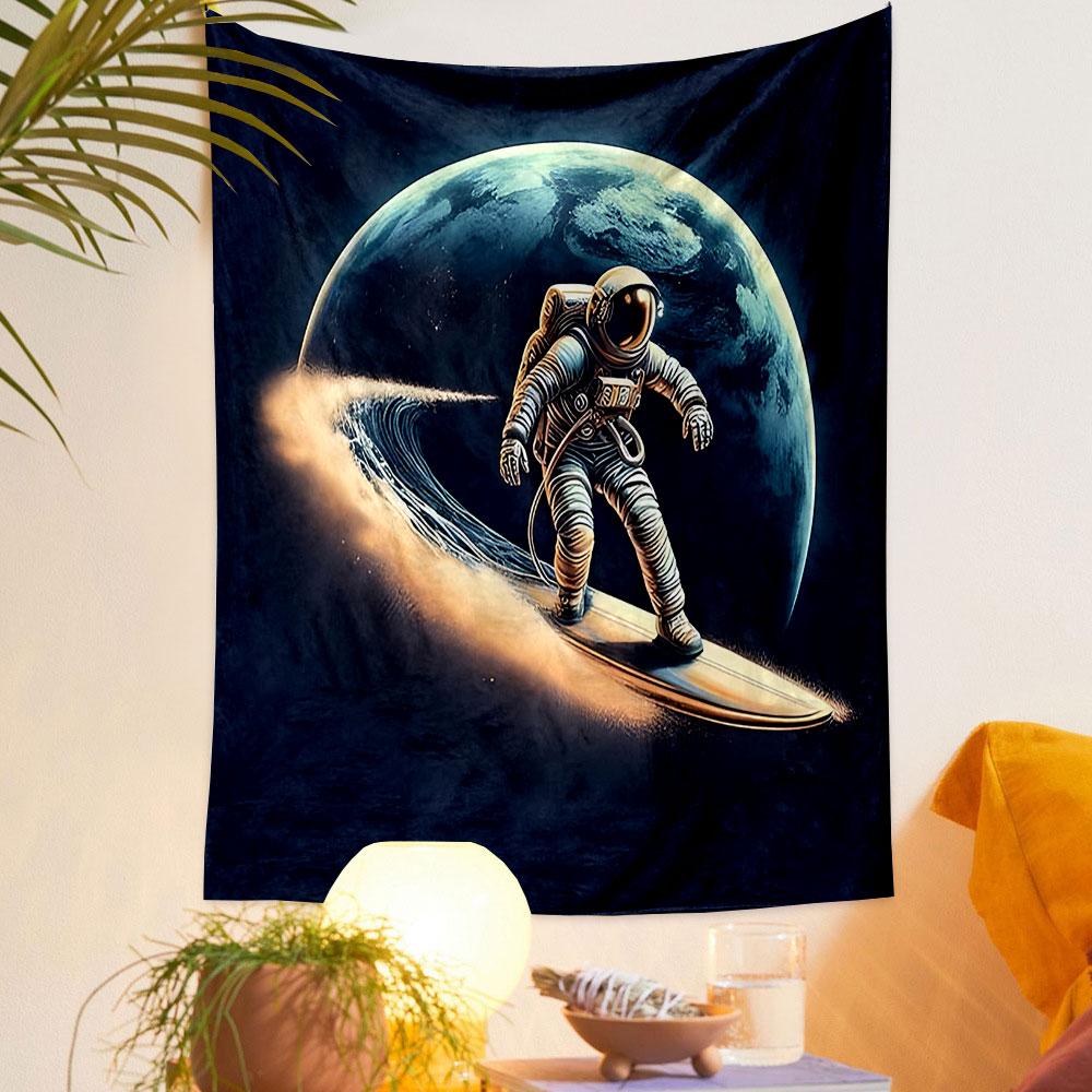 "Space Surfer Riding the Cosmic Wave" Patterned tapestry home decor, suitable for bedroom and living room, gift