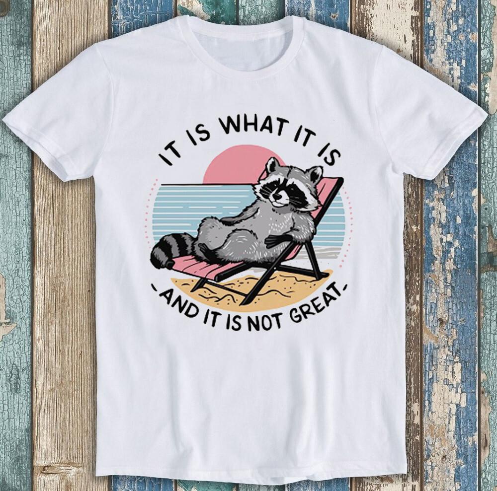 It Is What It Is Relaxing Raccoon Retro Beach Quote Funny Gift Tee T Shirt 1823