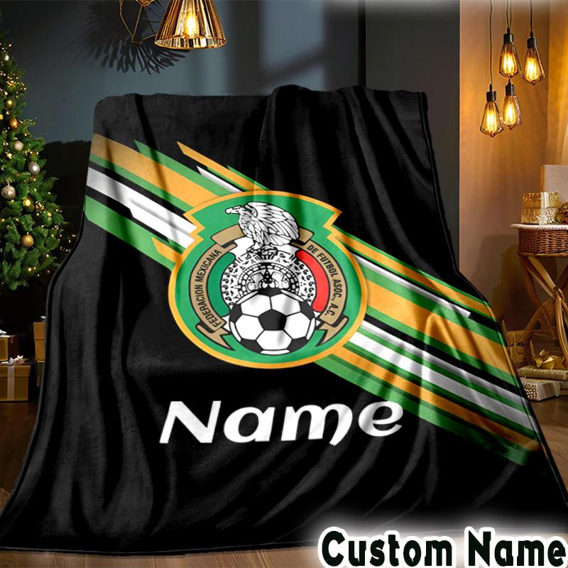 Custom Name Mexico Soccer Emblem Throws Blanket Flannel Blankets for Couch Bed Gifts for Men Women Picnic blanket Christmas fan gifts