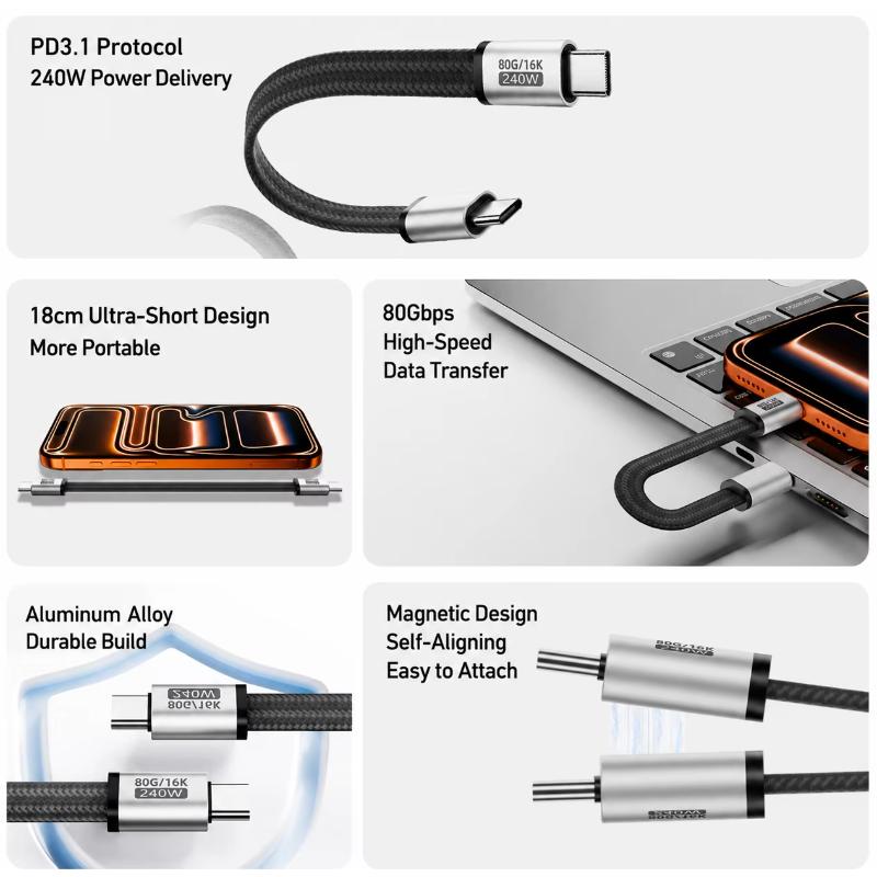 Магнитный кабель USB4 80 Гбит/с Type-C, 240 Вт PD Быстрая зарядка, 16K@60 Гц, Короткий шнур для Macbook, Samsung, Док-станция SSD, Thunderbolt 4/5