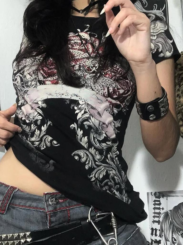 American Gothic Dark Rose Print T-shirt Women Y2K Retro Hip-hop Punk Hot Girl Waist-hugging Sexy Slim Harajuku Casual Top