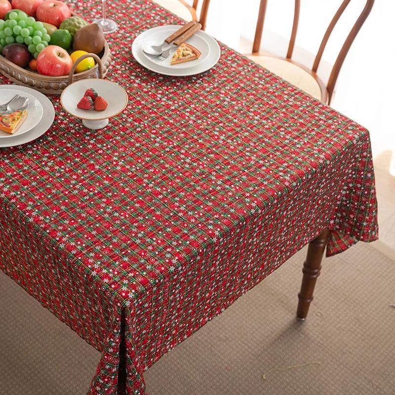 Christmas Tablecloth Green Plaid Snowflake Cotton Linen Rectangular Table Cover New Year Gifts Dining Living Room Table Decor