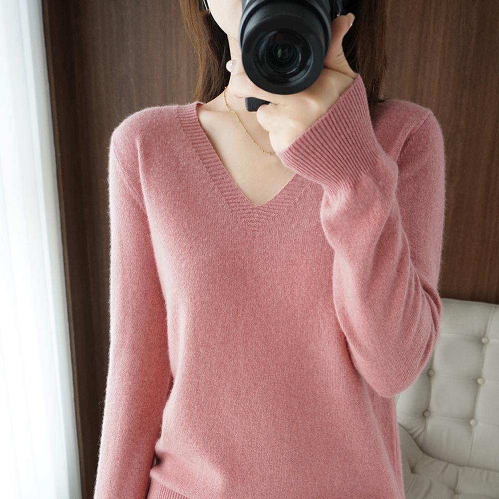 Long Sleeve Sweater Women's V-neck Knit Sweaters Stylish Long Sleeve Pullover Tops with Ribbed Trim for A Chic Elegant Look