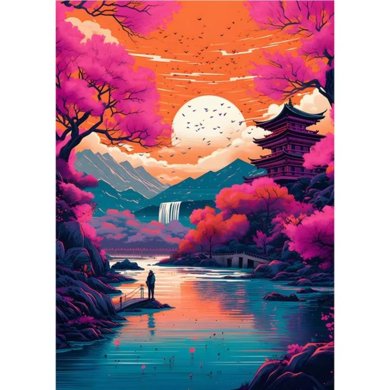 Abstract Art Japanese Fuji Mountain Poster Canvas Cyberpunk Landscape Corridor Wall Decor Picture Living Room Mural