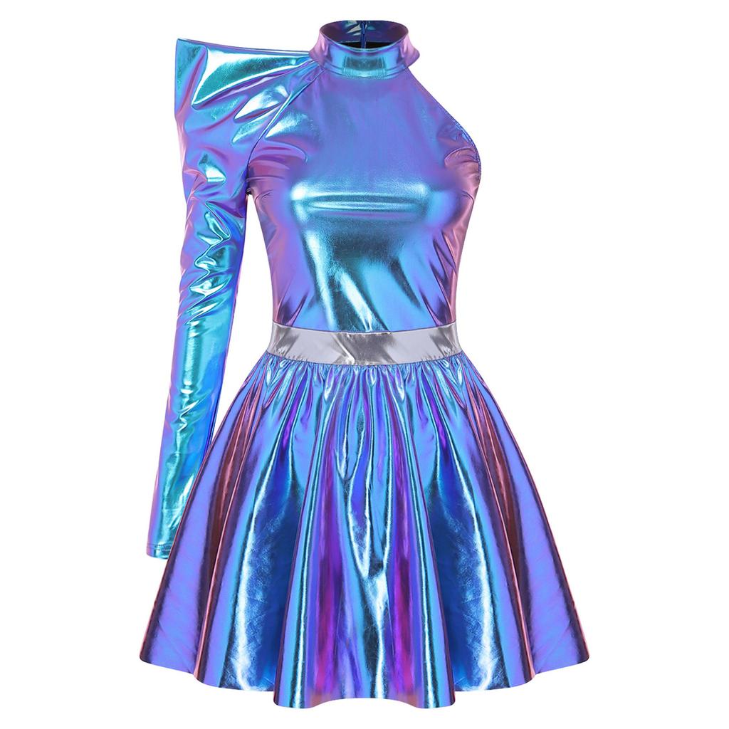 Women Halloween Cosplay Dress 80s Disco Metallic Mock Neck One Shoulder Long Sleeve Back Zip Asymmetrical Gown for Party