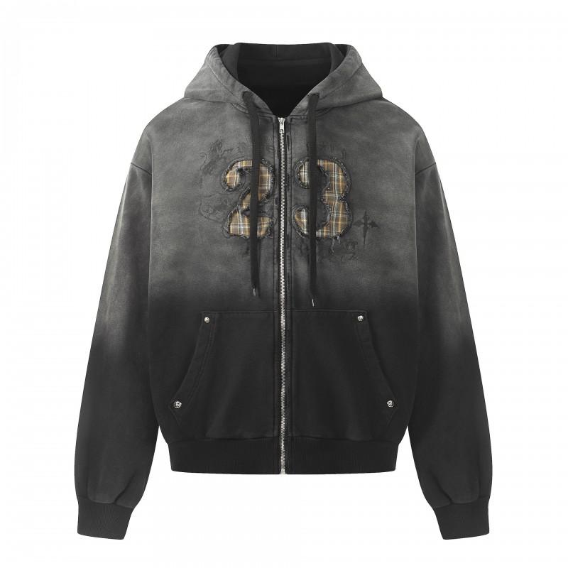 Unisex Oversized Hooded Zip-Up Sweatshirt With Embroidered Patch Design Washed Cotton Streetwear Jacket