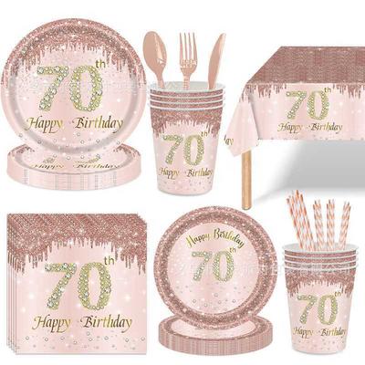 Набор для вечеринки в честь 70-летия в розовом золоте и с бриллиантами, одноразовые бумажные тарелки, бумажные стаканчики, скатерти, тематическое оформление сцены