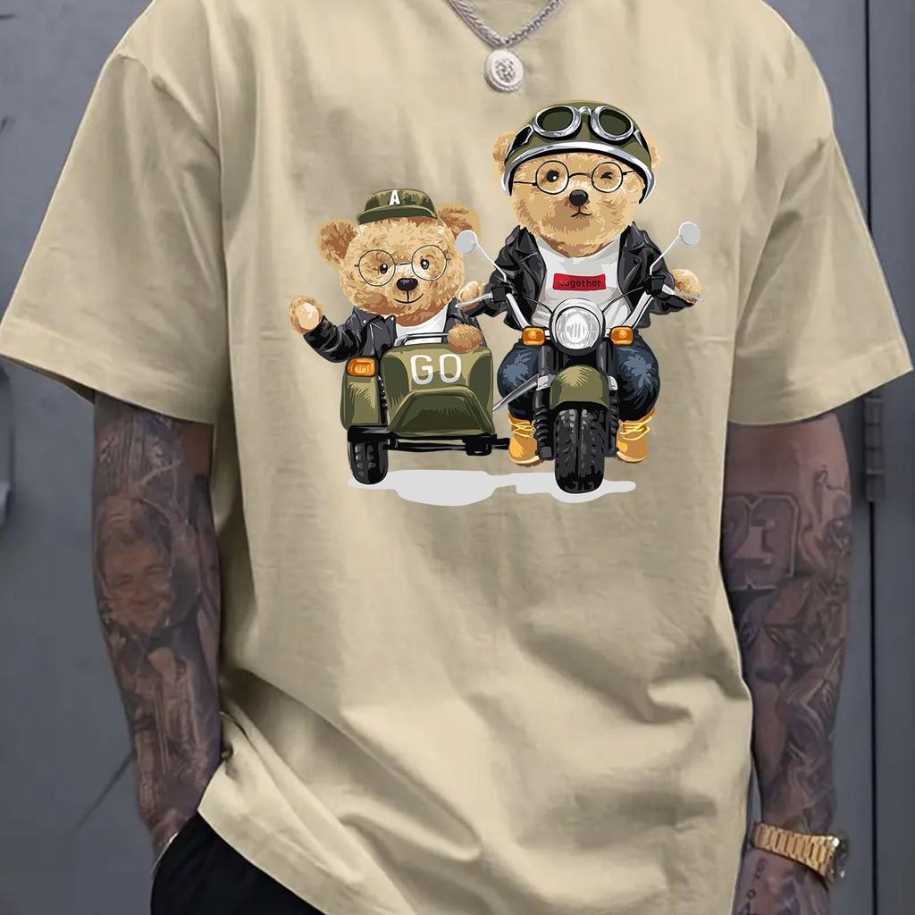 Летние мужские футболки из 100% хлопка, модные, повседневные, спортивные, свободного кроя, с принтом мультяшного медведя, с круглым вырезом и короткими рукавами