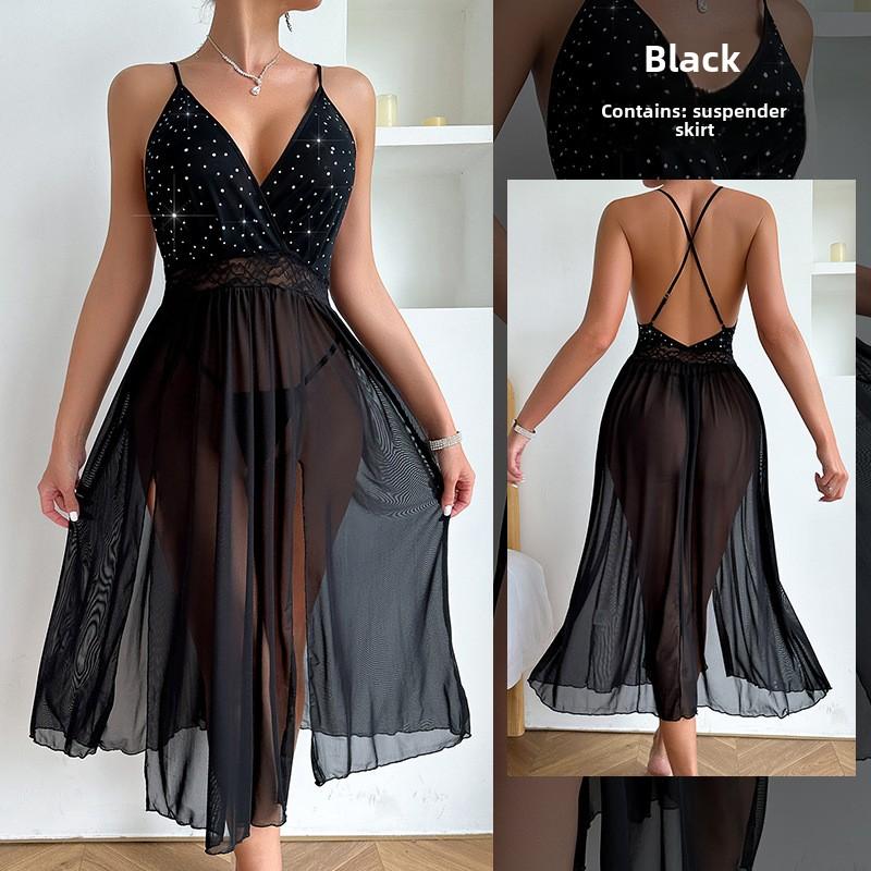 Pajamas Long Skirt Transparent Shiny Suspender Pajamas Sexy Underwear Passion Pure Desire Mesh One-piece