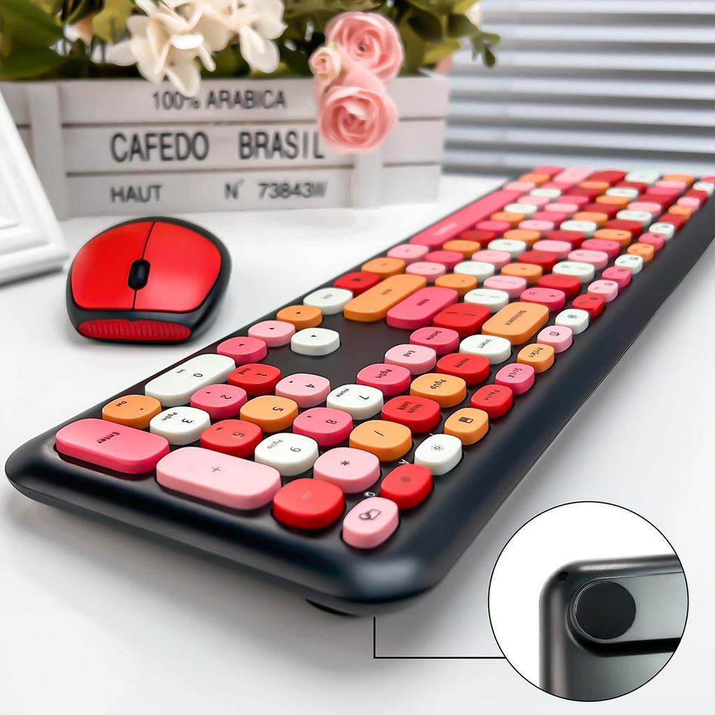 Mofii Беспроводная мышь и клавиатура, набор круглых клавиш, цветная клавиатура, женская офисная беспроводная клавиатура, полноразмерная клавиатура для пишущей машинки