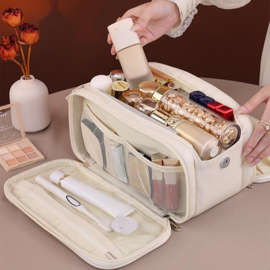 Three floors Large Capacity Cosmetic Bag Makeup Organizer PU Leather Portable Travel Toiletry Pouch Women Makeup Storage Bags