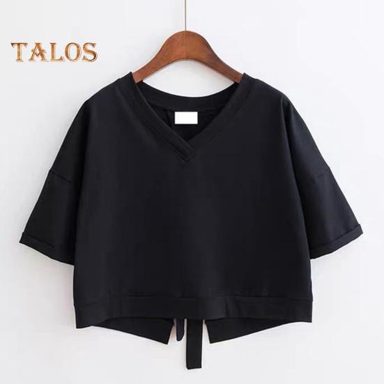 Летняя укороченная футболка с v-образным вырезом и коротким рукавом сзади, Полая футболка на шнуровке, однотонный пуловер свободного покроя, топы, уличная одежда