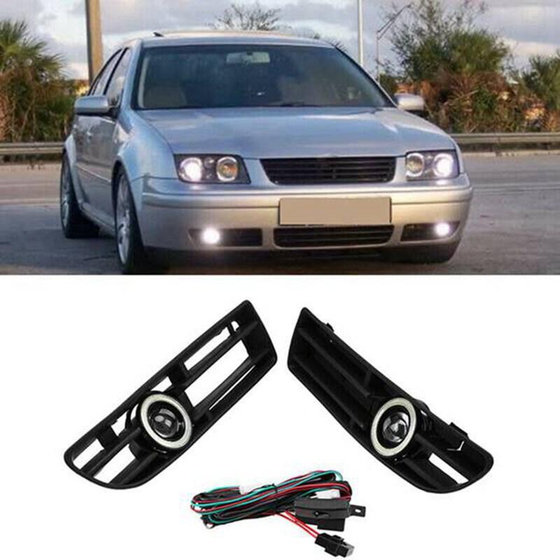 M63K-1Pair Fog Lights Angel Eyes Lamp Front Bumper Grille Grill Cover With Wire Kit For Jetta Bora MK4 1999-2004