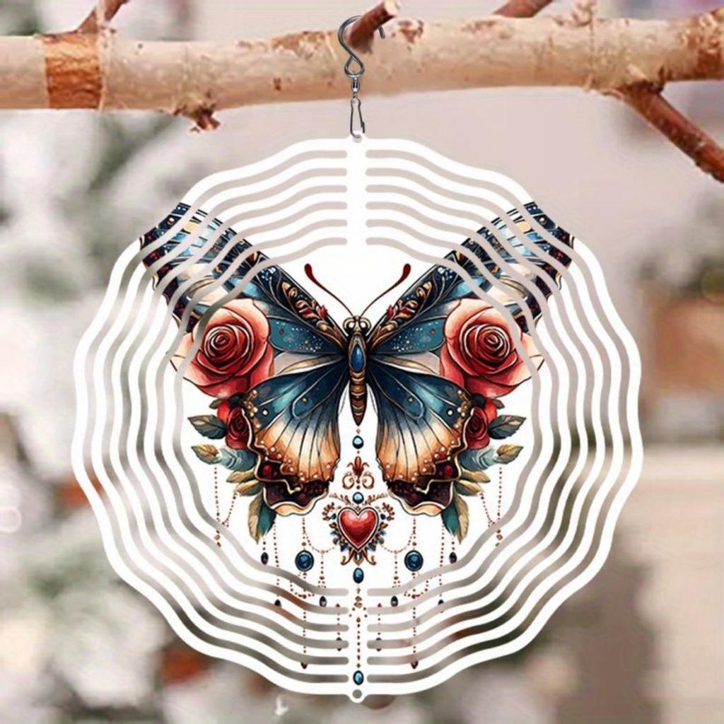 Металлический колокольчик ветра «Роза и бабочка», декор для сада на открытом воздухе с 3D-динамическим искусством, вращающиеся на 360° крючки, работающий от ветра для патио, двора или праздничного украшения