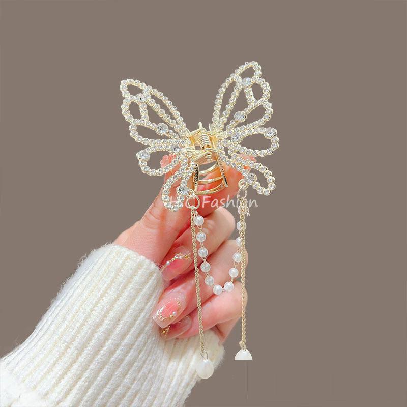 Tassel Butterfly Pearl Hair Clip Women Hair Claw Hairpin Hair Crab Hairaccessory