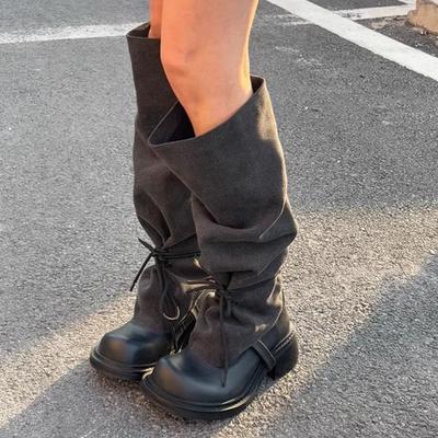 2025 осень и зима новые сапоги на толстом высоком каблуке с ремешками, тонкий большой обхват голенища, черные сапоги, сапоги-трубы, рыцарские модные сапоги