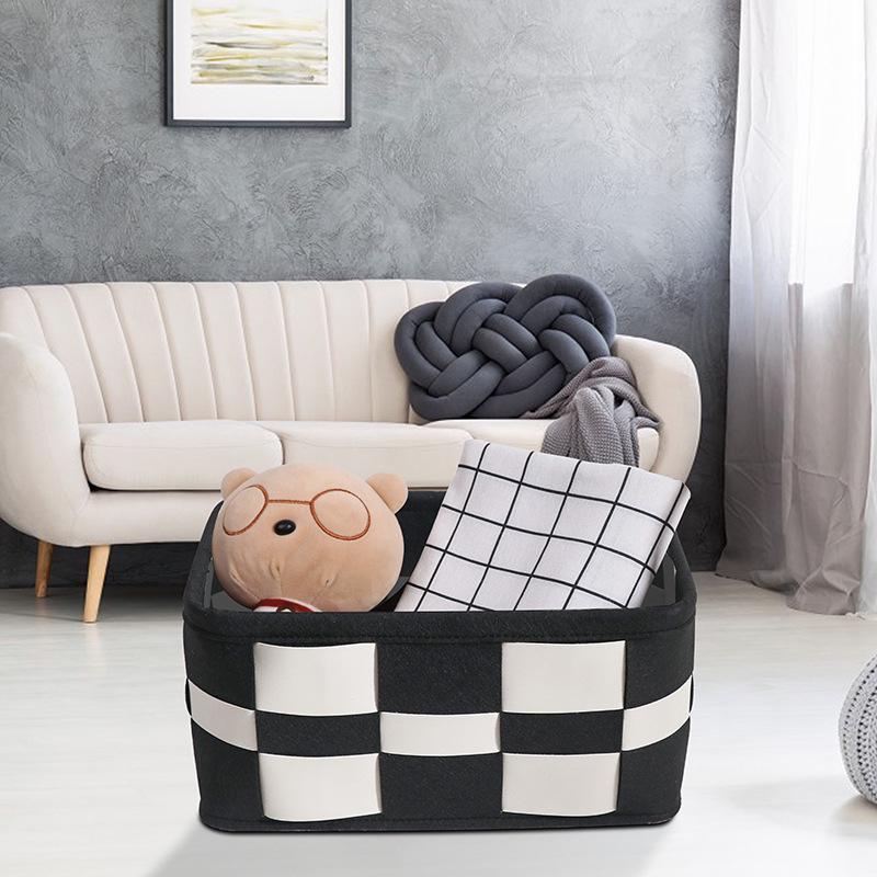 Черно-белая плетеная клетчатая корзина для хранения - Скандинавская кожа и войлочный контейнер для косметики и организации дома