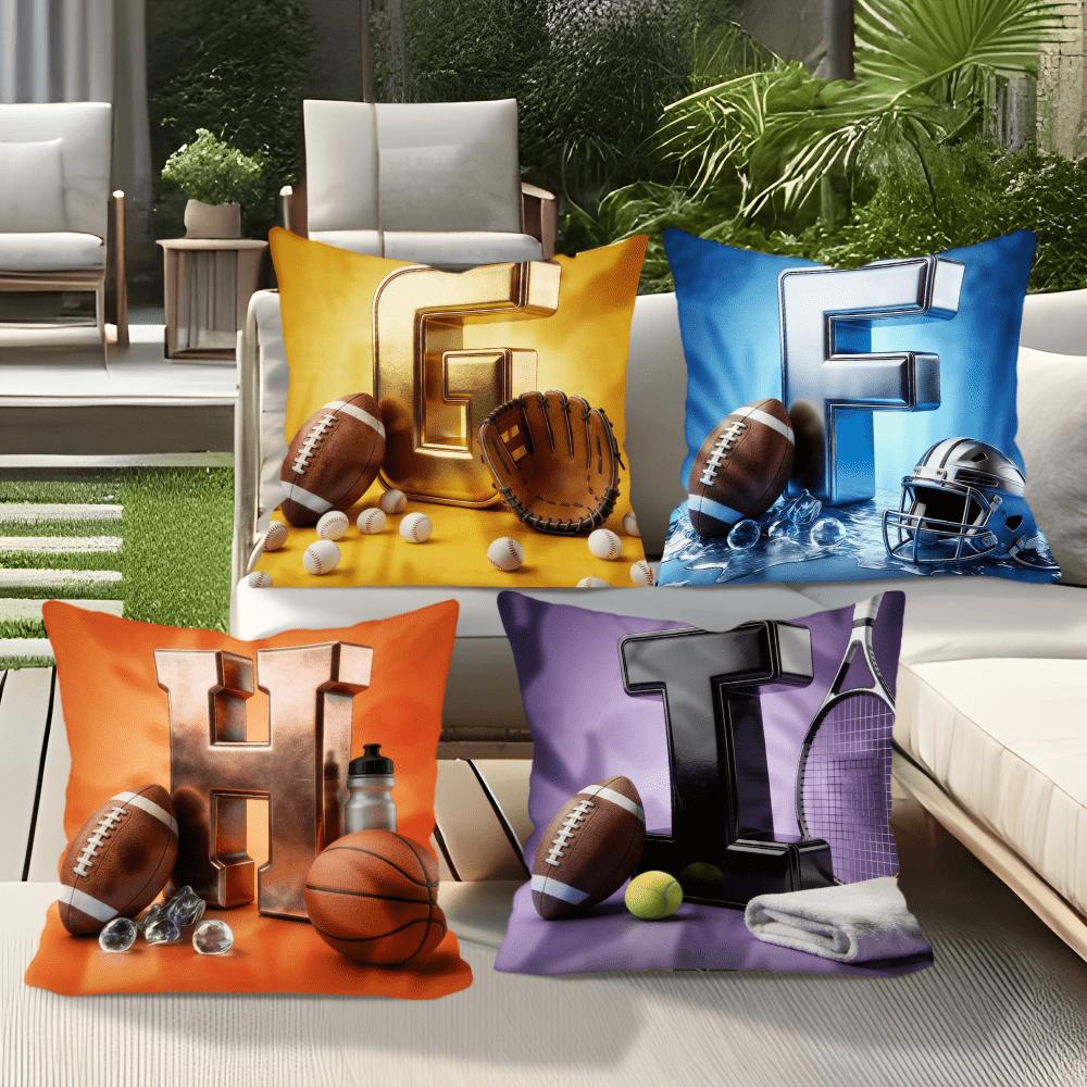 Letter Sports Throw Pillow Covers, Metallic G/F/H/I With Football Double-Sided Printed Cushion Cases, Sporty Monogram Home Decor