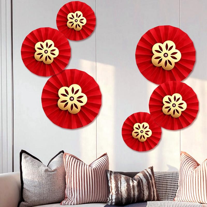 6 шт. Красные подвесные бумажные веера Набор бумажных вееров на китайский Новый год, свадьбу, с цветами, бумажное рукоделие, декор для фона, DIY, товары для вечеринок
