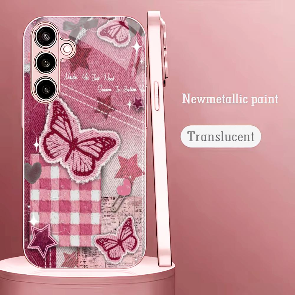 Чехол для телефона Glass с узором из звезд и бабочек, цвет Madam pink, для Samsung Galaxy S26 S25 S24 S23 S22 S21 FE Ultra Plus, ударопрочный