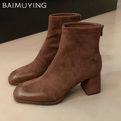 Женские ботильоны с квадратным носком, элегантные замшевые туфли на высоком каблуке, тренд 2025 года, модные зимние туфли-лодочки на толстой подошве, классические готические туфли-челси