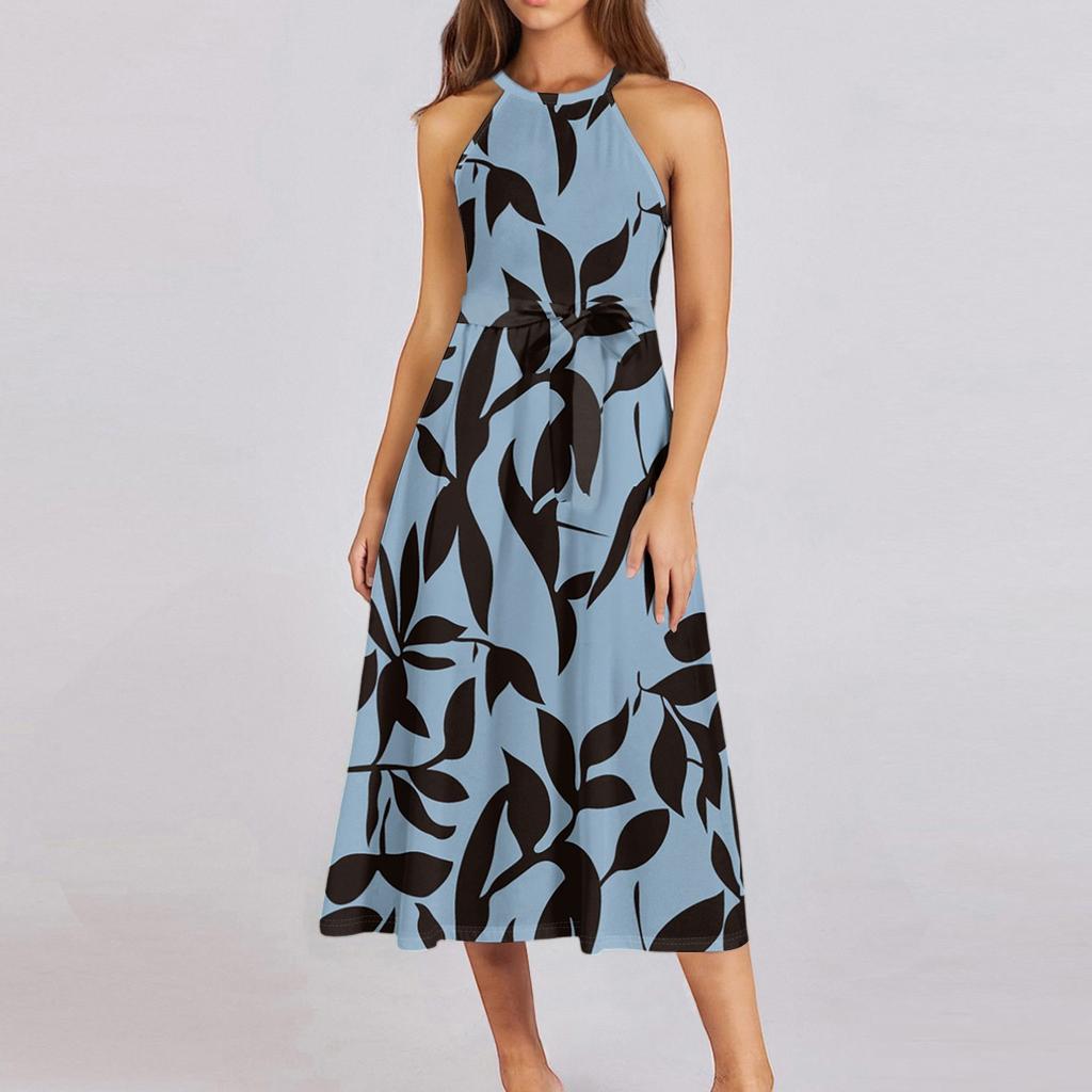 Женское повседневное платье миди с круглым вырезом, классическое, повседневное, без рукавов, свободное платье в стиле бохо с завязками, летний пляжный сарафан