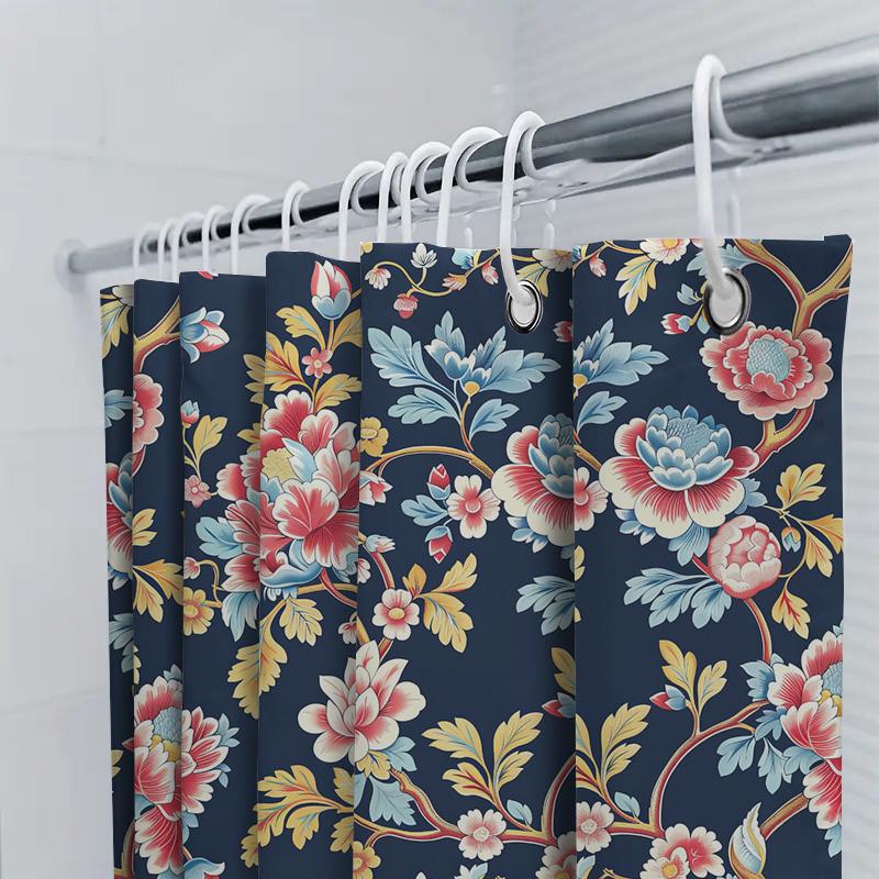 Роскошная цветочная шторка для душа Темно-синий фон с узором из розовых и белых цветов Современный декор для ванной Водонепроницаемая ткань для