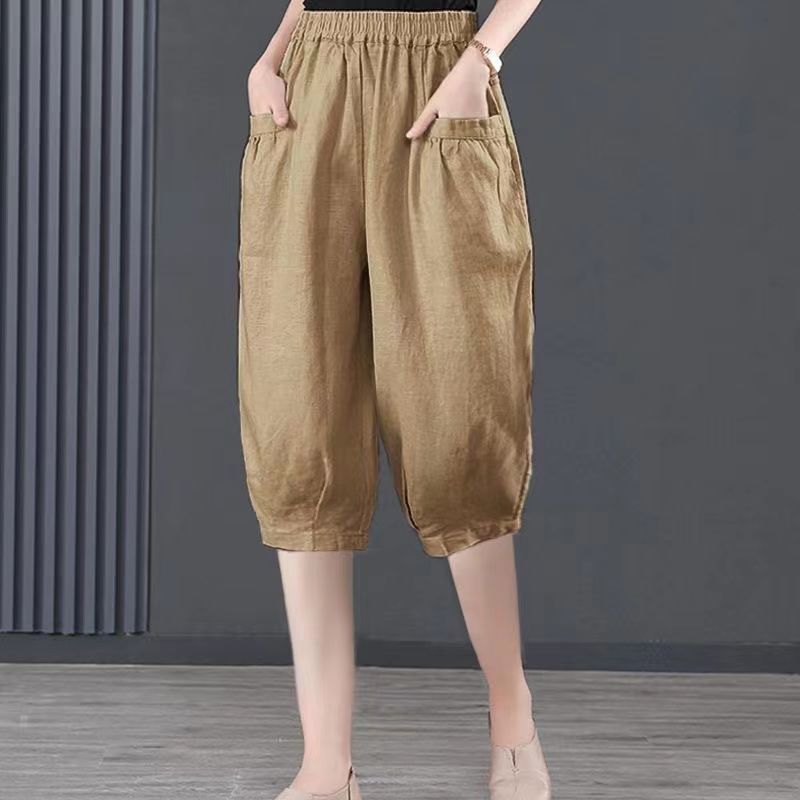 Женские летние тонкие повседневные брюки из хлопка и льна Ice Silk, свободные брюки-фонарики средней длины, шаровары больших размеров